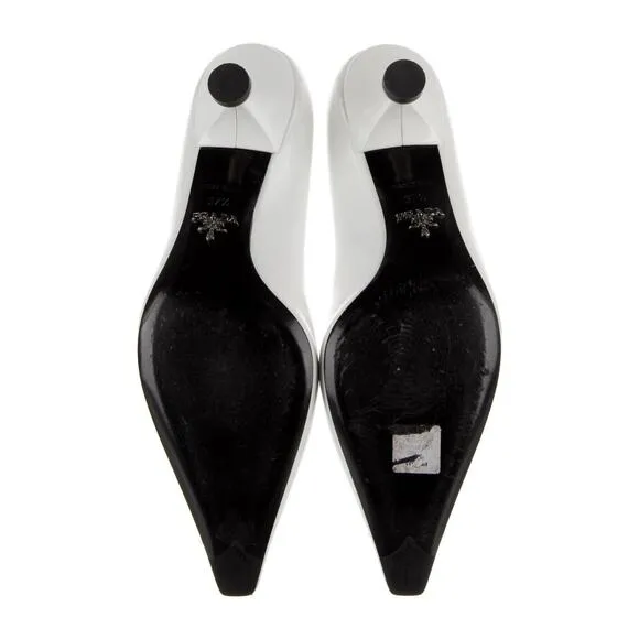 Prada Patent Leather Studded Accents Pumps Pointed Toe Shoes - 7.5 - White