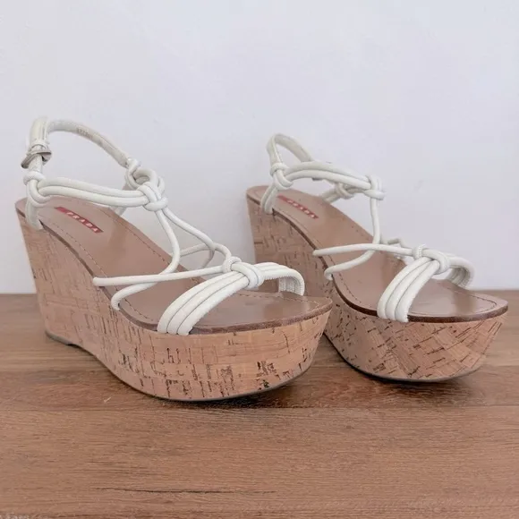 Prada White Leather Strappy Cork Wedge Espadrille Sandals Size 39 Euro/9 US