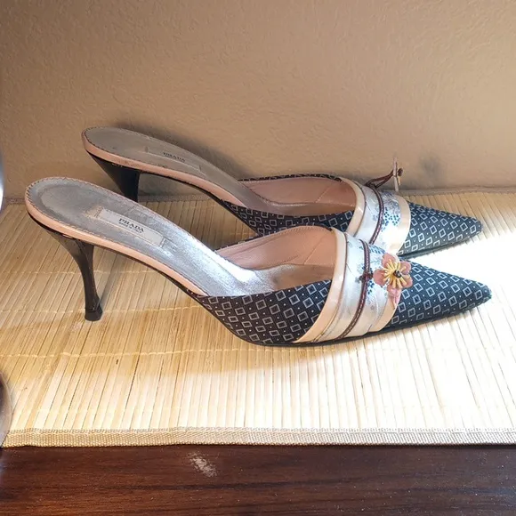 PRADA Women's Silk Black White Peach Mules With Patent Leather Floral Accent 40