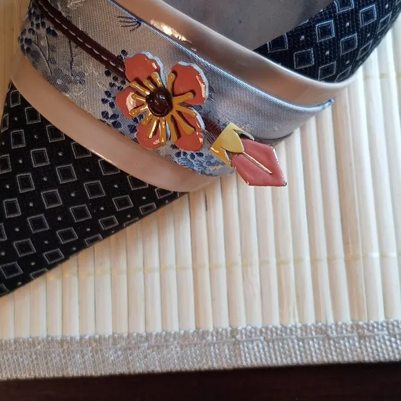 PRADA Women's Silk Black White Peach Mules With Patent Leather Floral Accent 40