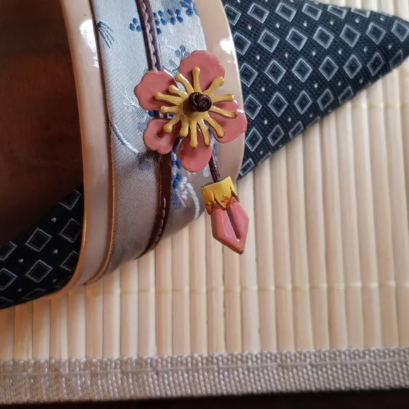 PRADA Women's Silk Black White Peach Mules With Patent Leather Floral Accent 40