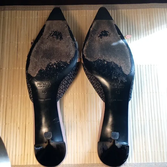 PRADA Women's Silk Black White Peach Mules With Patent Leather Floral Accent 40