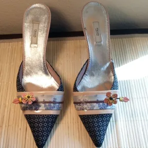 PRADA Women's Silk Black White Peach Mules With Patent Leather Floral Accent 40