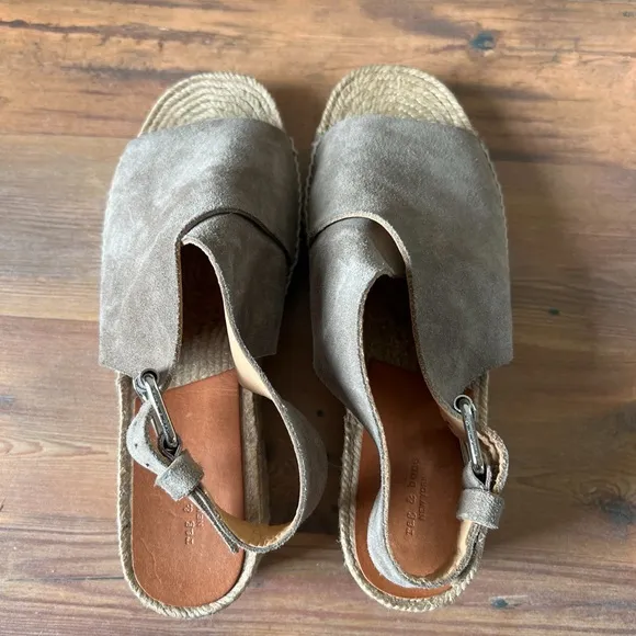 Rag &amp; Bone Sienna Wedge Espadrille Sandals size 38.5 US 8.5 Taupe Suede Summer