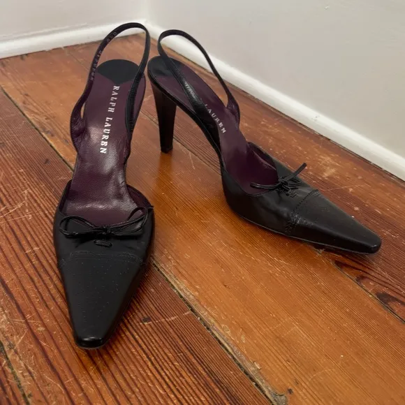 Ralph Lauren PURPLE LABEL Black Leather Pointed Toe Stiletto Heels Pumps, 8.5