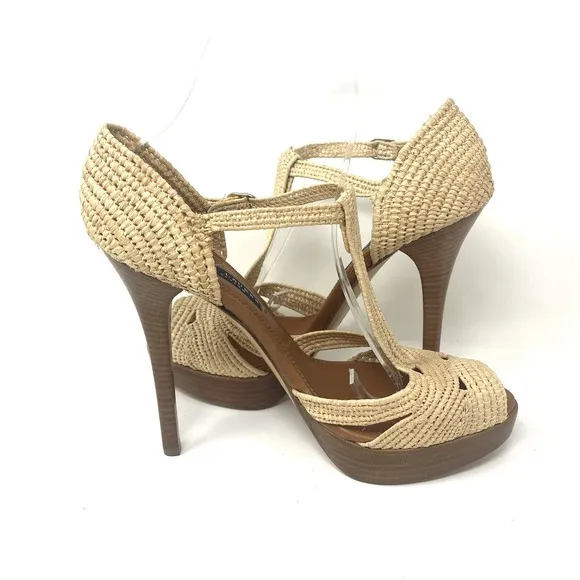 Ralph Lauren Purple Label Jedina Natural Raffia 5&quot; Stiletto Sandals Size 8.5B