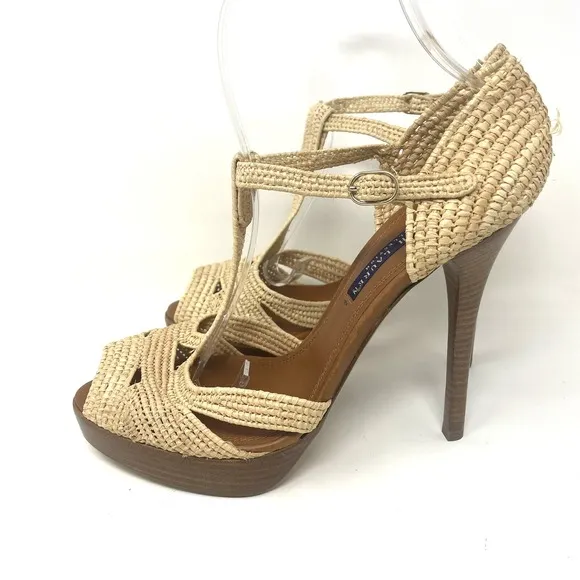 Ralph Lauren Purple Label Jedina Natural Raffia 5&quot; Stiletto Sandals Size 8.5B