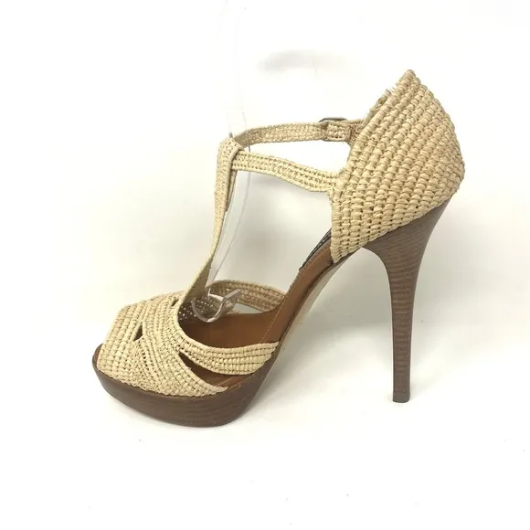 Ralph Lauren Purple Label Jedina Natural Raffia 5&quot; Stiletto Sandals Size 8.5B