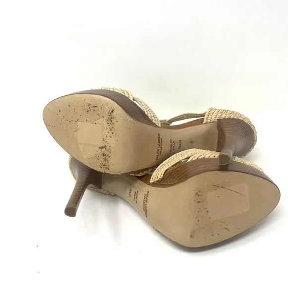 Ralph Lauren Purple Label Jedina Natural Raffia 5&quot; Stiletto Sandals Size 8.5B