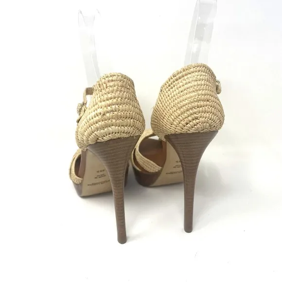 Ralph Lauren Purple Label Jedina Natural Raffia 5&quot; Stiletto Sandals Size 8.5B