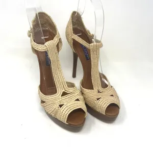 Ralph Lauren Purple Label Jedina Natural Raffia 5&quot; Stiletto Sandals Size 8.5B