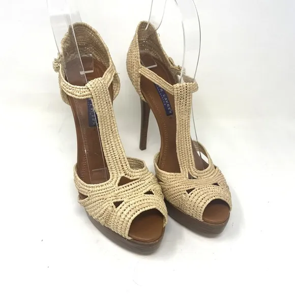 Ralph Lauren Purple Label Jedina Natural Raffia 5&quot; Stiletto Sandals Size 8.5B