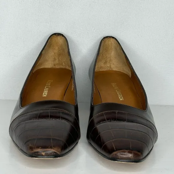 Ralph Lauren Vintage Brown Leather Pumps Croc Embossed Toe Cap Preppy  Sz 7 1/2‎