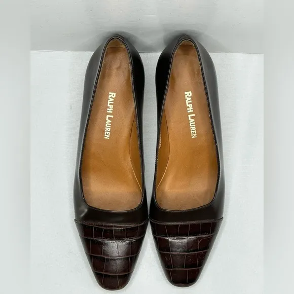Ralph Lauren Vintage Brown Leather Pumps Croc Embossed Toe Cap Preppy  Sz 7 1/2‎