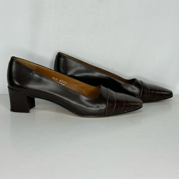 Ralph Lauren Vintage Brown Leather Pumps Croc Embossed Toe Cap Preppy  Sz 7 1/2‎