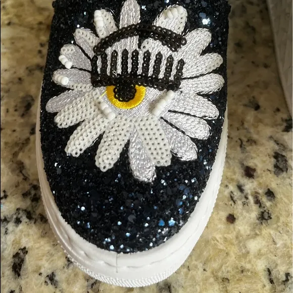 RARE!!! CHIARA FERRAGNI BLUE GLITTER SLIP -ON SNEAKERS EYE EYELASH NIB NWT