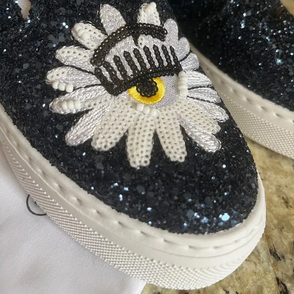 RARE!!! CHIARA FERRAGNI BLUE GLITTER SLIP -ON SNEAKERS EYE EYELASH NIB NWT