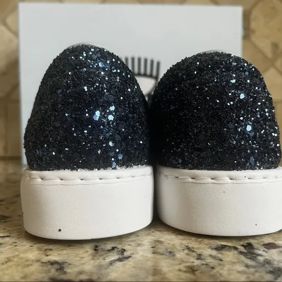 RARE!!! CHIARA FERRAGNI BLUE GLITTER SLIP -ON SNEAKERS EYE EYELASH NIB NWT
