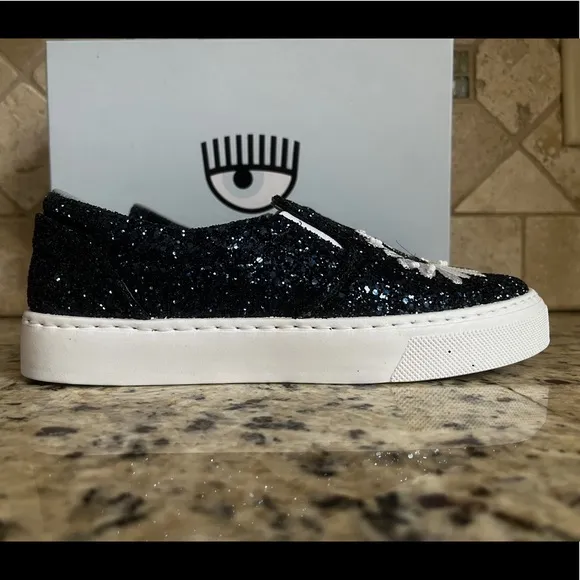 RARE!!! CHIARA FERRAGNI BLUE GLITTER SLIP -ON SNEAKERS EYE EYELASH NIB NWT