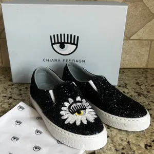RARE!!! CHIARA FERRAGNI BLUE GLITTER SLIP -ON SNEAKERS EYE EYELASH NIB NWT