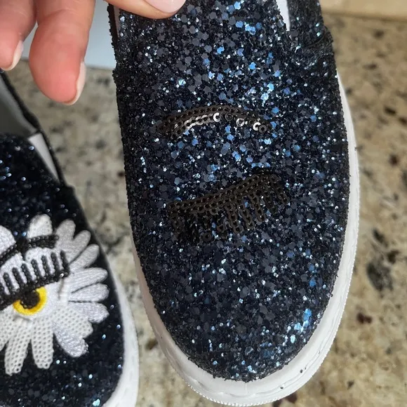 RARE!!! CHIARA FERRAGNI BLUE GLITTER SLIP -ON SNEAKERS EYE EYELASH NIB NWT