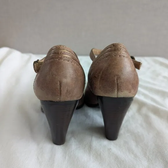 RARE Frye Brown T-strap Leather Pumps Distressed-style Vintage-inspired heels