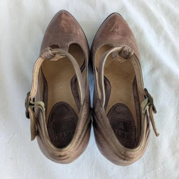 RARE Frye Brown T-strap Leather Pumps Distressed-style Vintage-inspired heels
