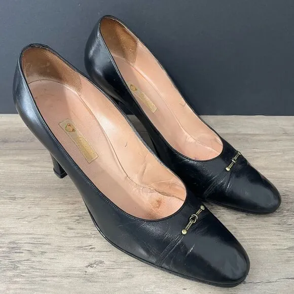 RARE GUCCI Vintage Early 1970’s size 38 1/2 (8.5) Black Pumps Heels Shoes