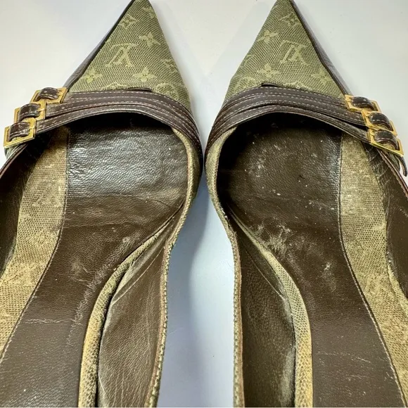 Rare Louis Vuitton Monogram Canvas Slingback Pumps With Leather Trim, Size 40