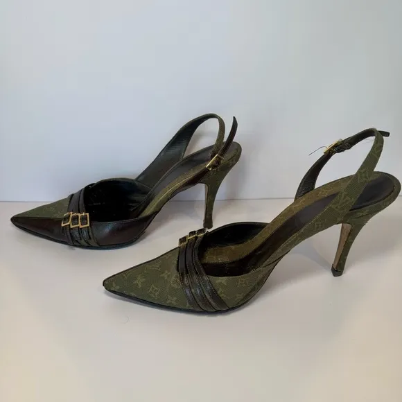 Rare Louis Vuitton Monogram Canvas Slingback Pumps With Leather Trim, Size 40