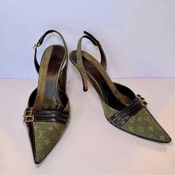 Rare Louis Vuitton Monogram Canvas Slingback Pumps With Leather Trim, Size 40