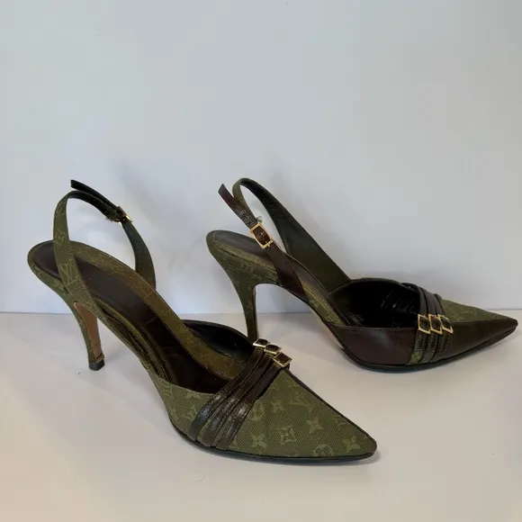 Rare Louis Vuitton Monogram Canvas Slingback Pumps With Leather Trim, Size 40