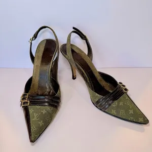 Rare Louis Vuitton Monogram Canvas Slingback Pumps With Leather Trim, Size 40