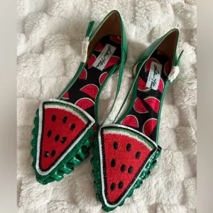 RARE NWT Vintage Lulu Hun Green &amp; Red Huarache Style Watermelon Flats Size 8/39