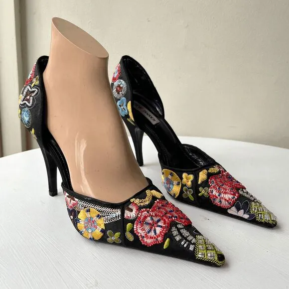 Rare Steve Madden 90s Black Embroidered Sequin Pointed Toe Heels 7.5
