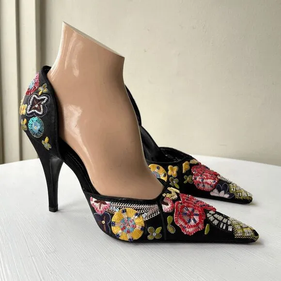 Rare Steve Madden 90s Black Embroidered Sequin Pointed Toe Heels 7.5