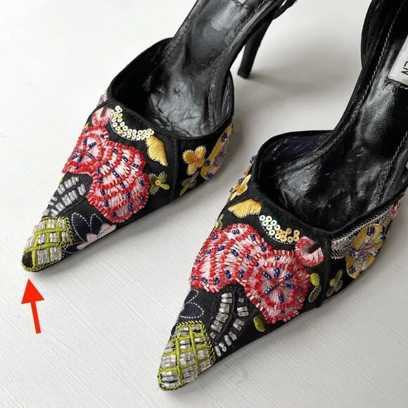 Rare Steve Madden 90s Black Embroidered Sequin Pointed Toe Heels 7.5