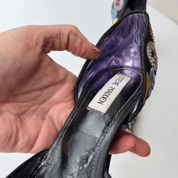 Rare Steve Madden 90s Black Embroidered Sequin Pointed Toe Heels 7.5