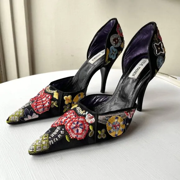 Rare Steve Madden 90s Black Embroidered Sequin Pointed Toe Heels 7.5