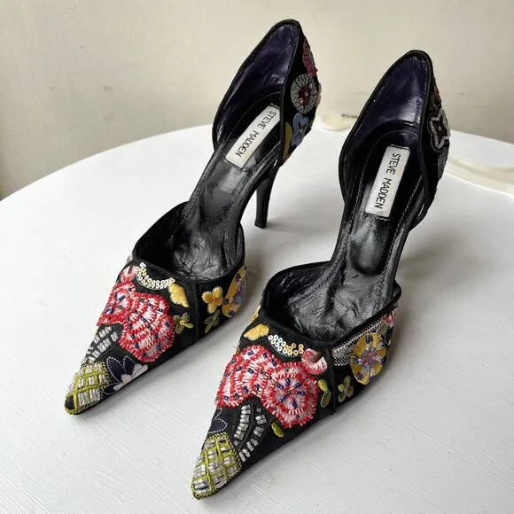 Rare Steve Madden 90s Black Embroidered Sequin Pointed Toe Heels 7.5