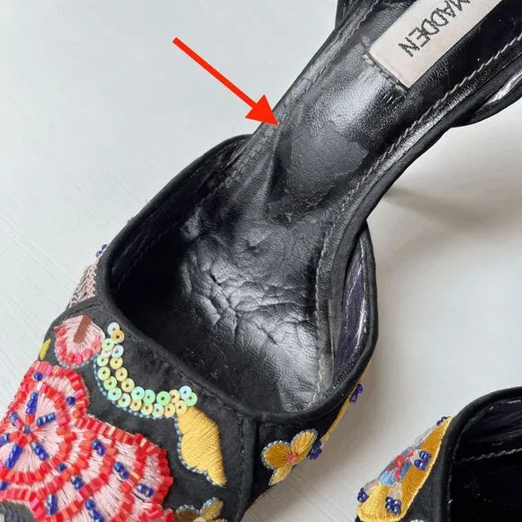 Rare Steve Madden 90s Black Embroidered Sequin Pointed Toe Heels 7.5