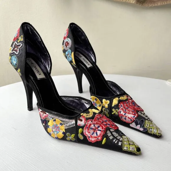 Rare Steve Madden 90s Black Embroidered Sequin Pointed Toe Heels 7.5