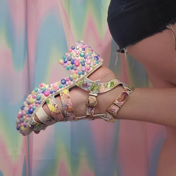 RARE Y2k Bejeweled Kawaii Pastel Nicole Lee Sandal Block Heels