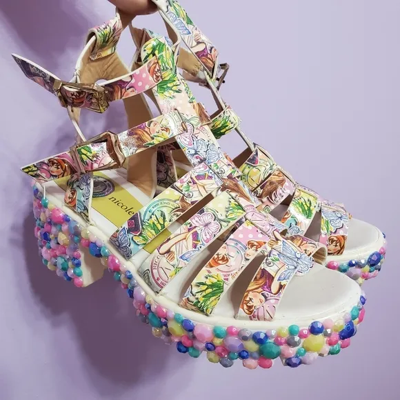 RARE Y2k Bejeweled Kawaii Pastel Nicole Lee Sandal Block Heels