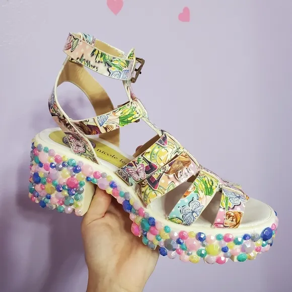 RARE Y2k Bejeweled Kawaii Pastel Nicole Lee Sandal Block Heels