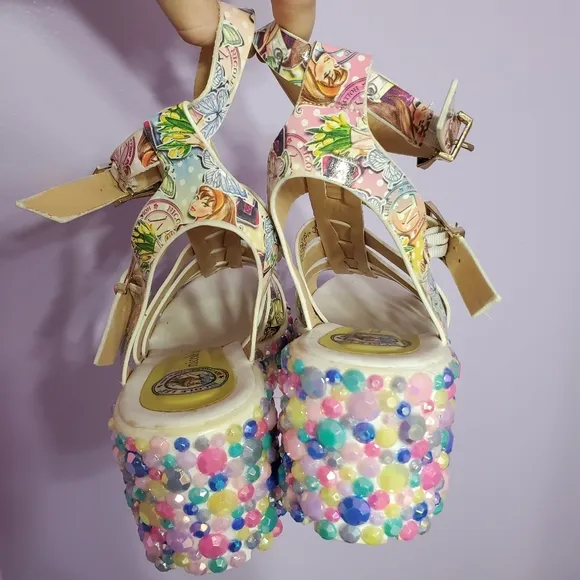 RARE Y2k Bejeweled Kawaii Pastel Nicole Lee Sandal Block Heels