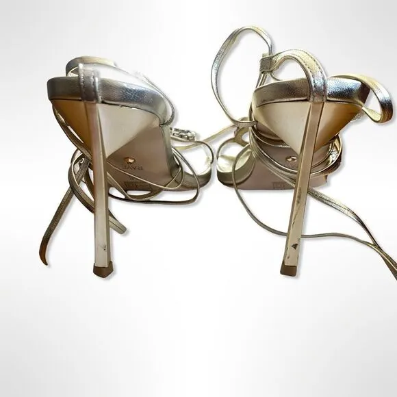 Raye Revik Gold High Heels Lace up sandals rhinestone shoes Revolve $198 sz 8.5