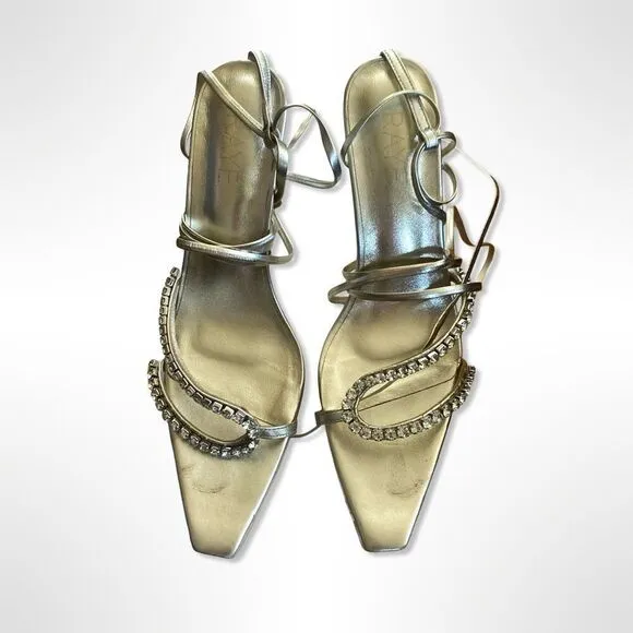 Raye Revik Gold High Heels Lace up sandals rhinestone shoes Revolve $198 sz 8.5