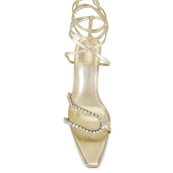Raye Revik Gold High Heels Lace up sandals rhinestone shoes Revolve $198 sz 8.5