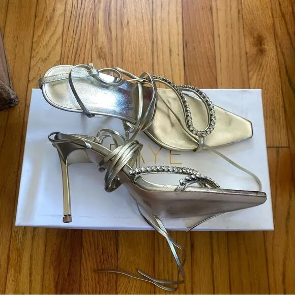 Raye Revik Gold High Heels Lace up sandals rhinestone shoes Revolve $198 sz 8.5